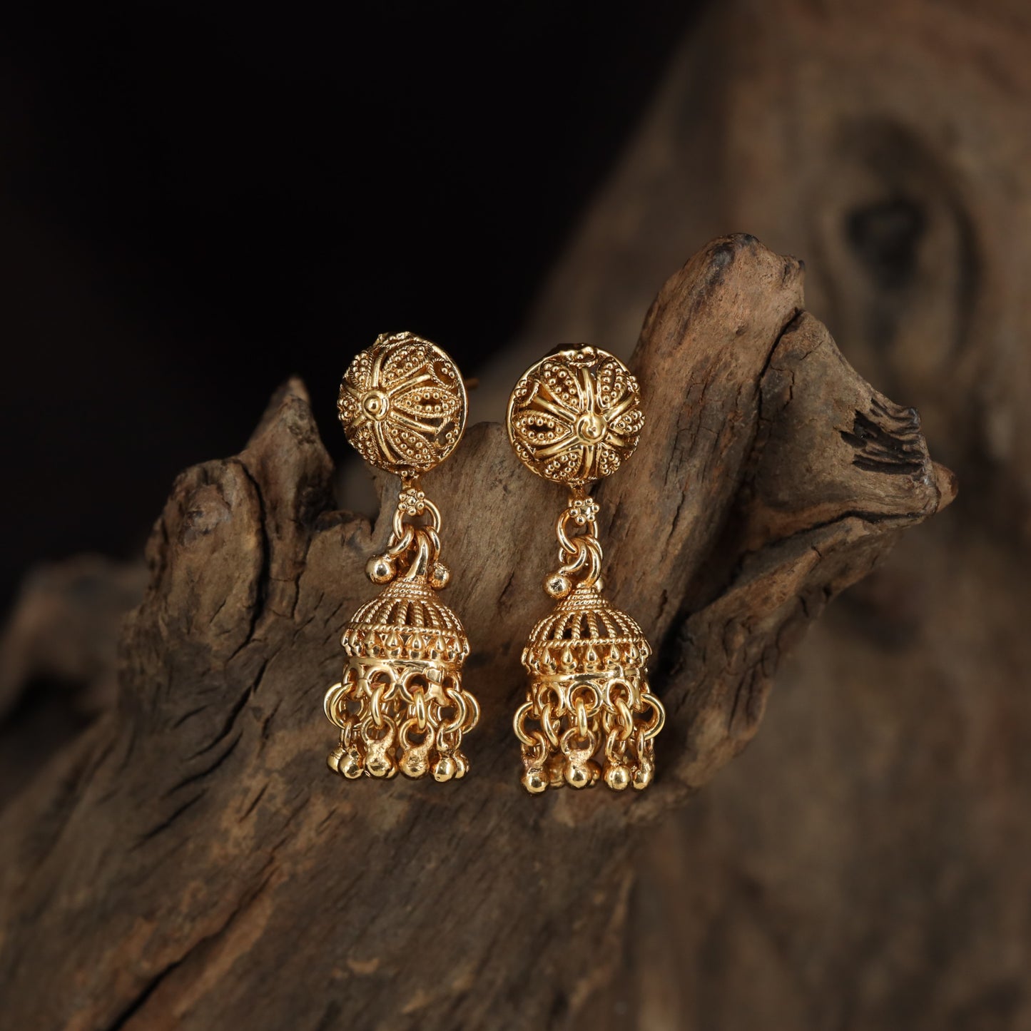 Traditional Antique Jumka Earrings With Sculpted Dome And Curled Drops