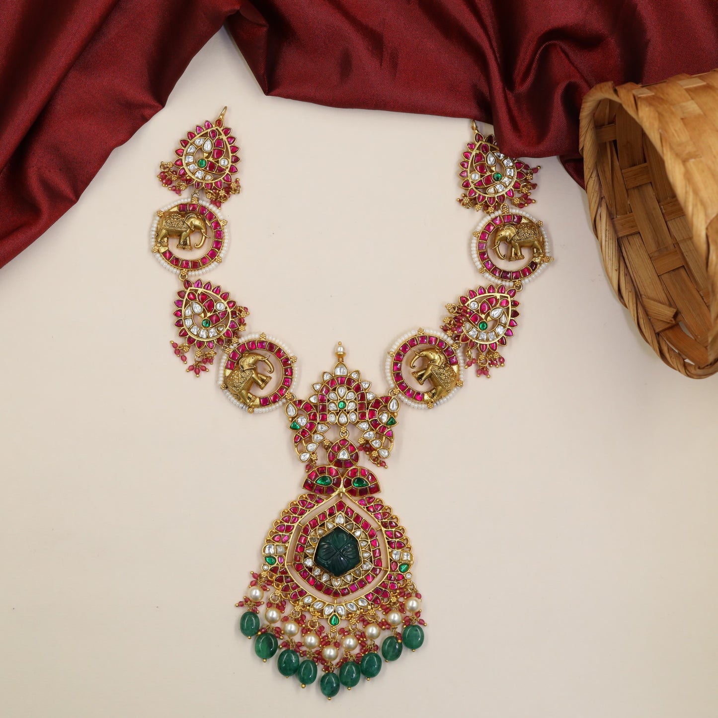 Jadau Necklace With Elephant Medallions And Ornate Pendant