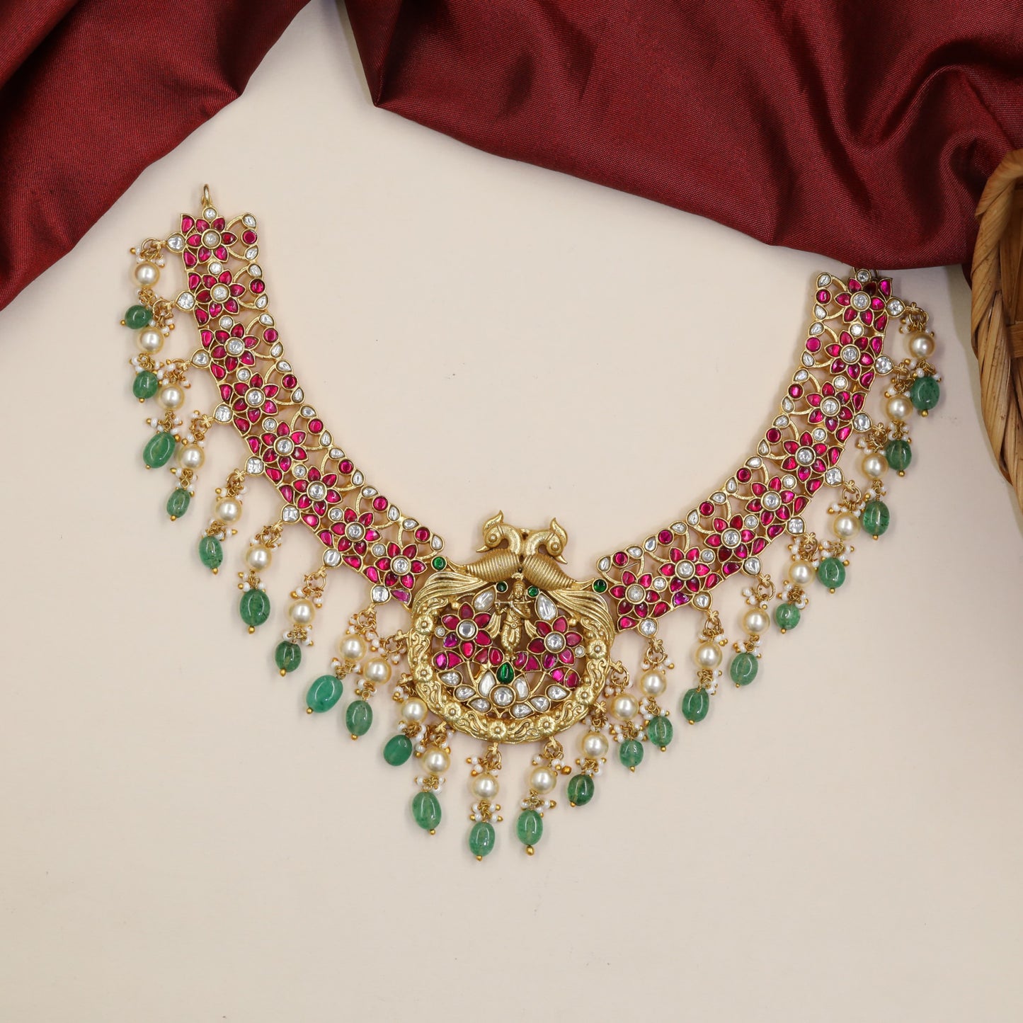 Regal Jadau Necklace With Twin Peacock Forms And Hanging Drops