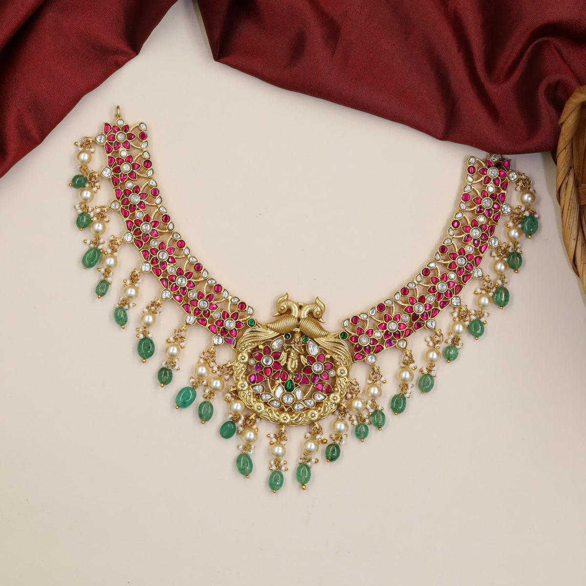 Jadau Twin Peacock Necklace with Circular Pendant