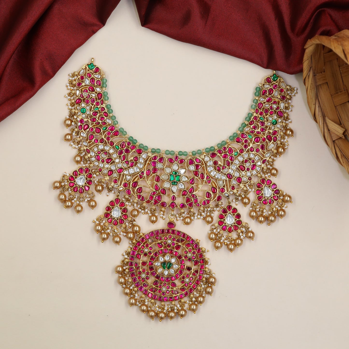 Jadau Necklace With Ornate Floral Panels And Circular Pendant
