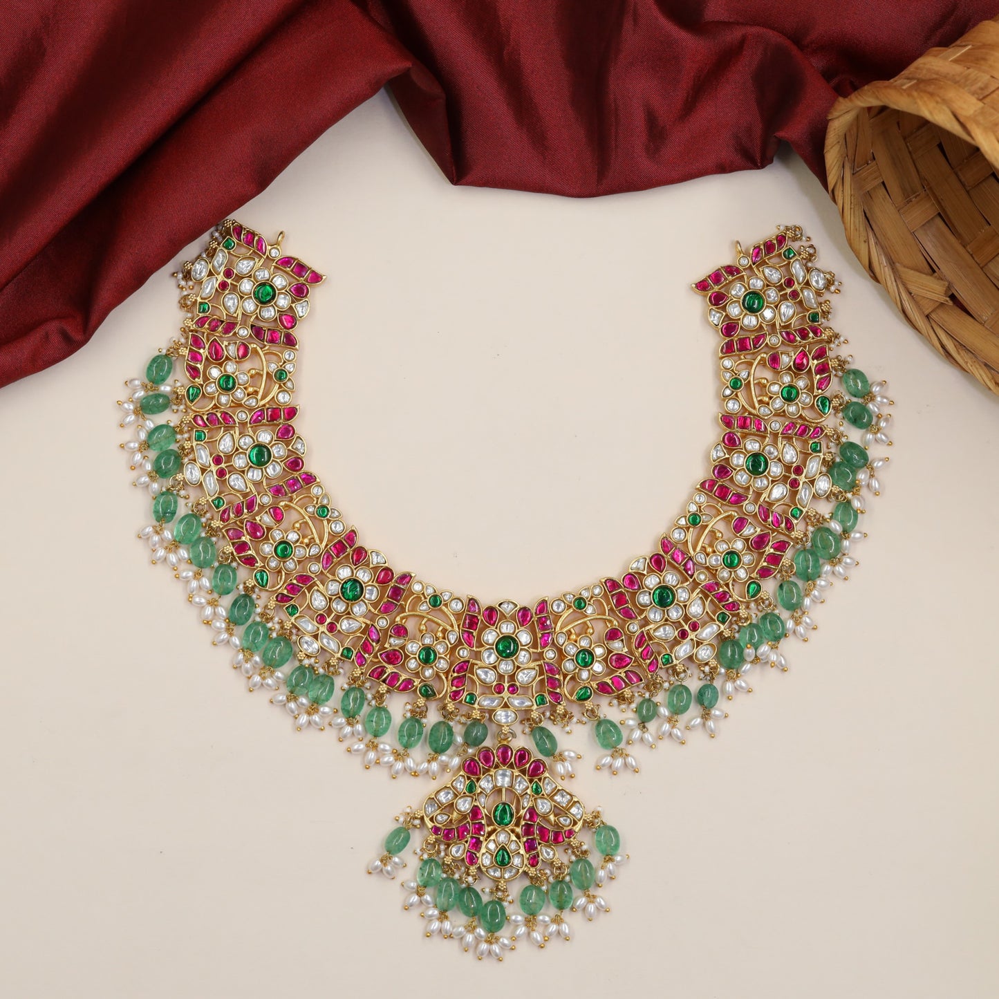 Signature Jadau Necklace With Elaborate Floral Centre And Hanging Drops