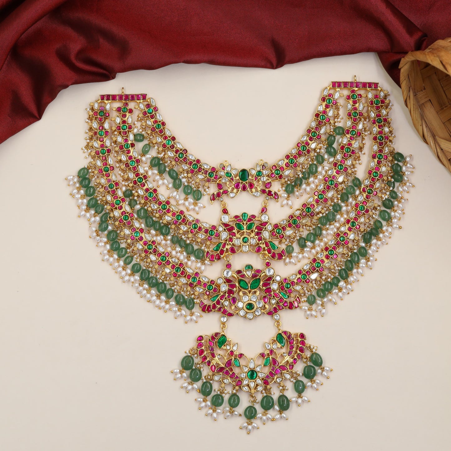 Vintage Inspired Jadau Necklace Featuring Sculpted Floral Sections
