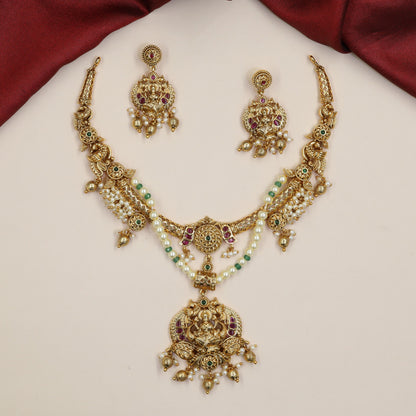 Temple Inspired Antique Lakshmi Necklace with Double Pearl Strands