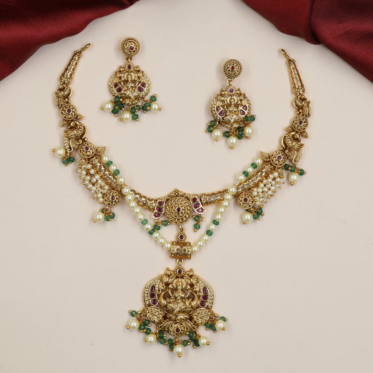 Temple Inspired Antique Lakshmi Necklace with Double Pearl Strands