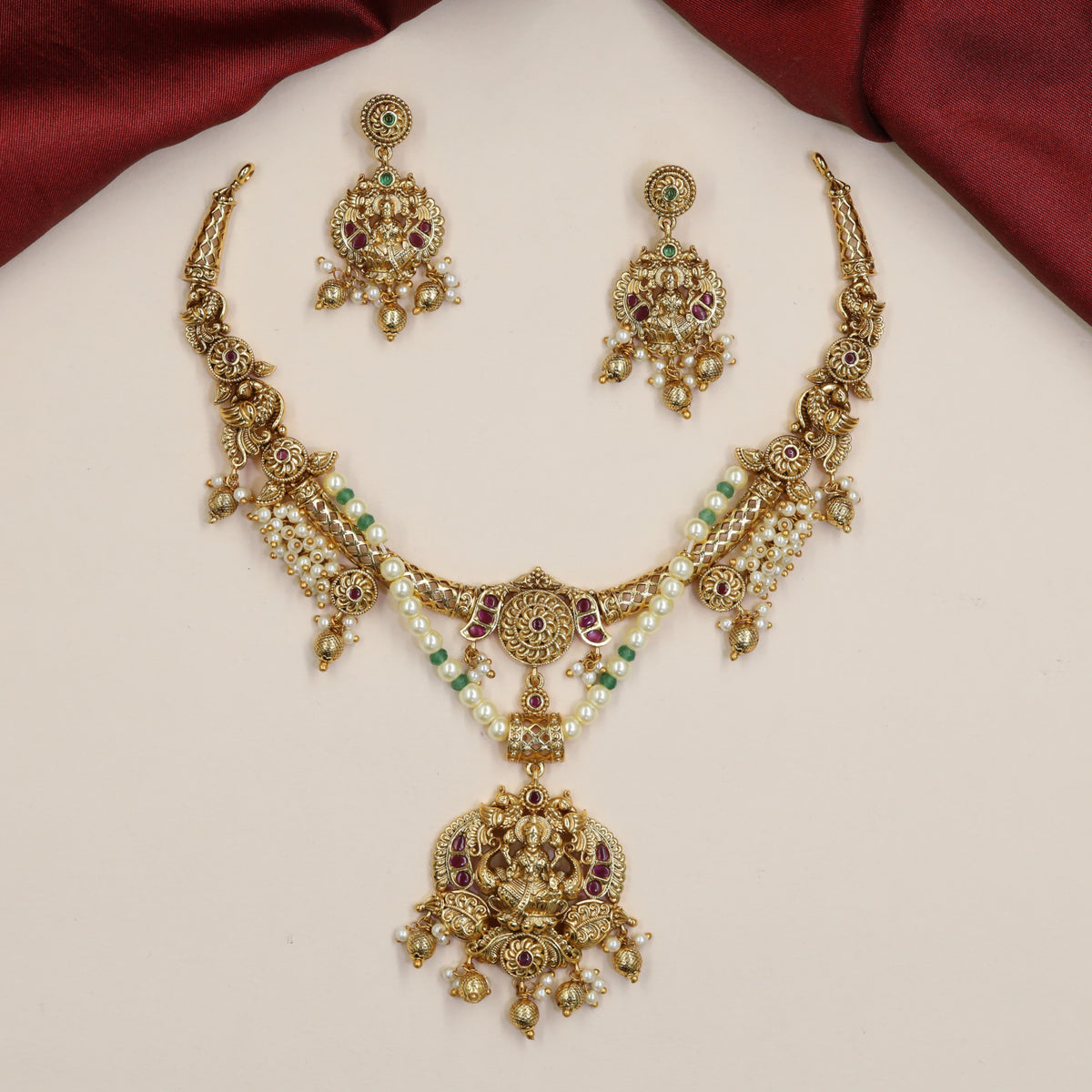 Temple Inspired Antique Lakshmi Necklace with Double Pearl Strands