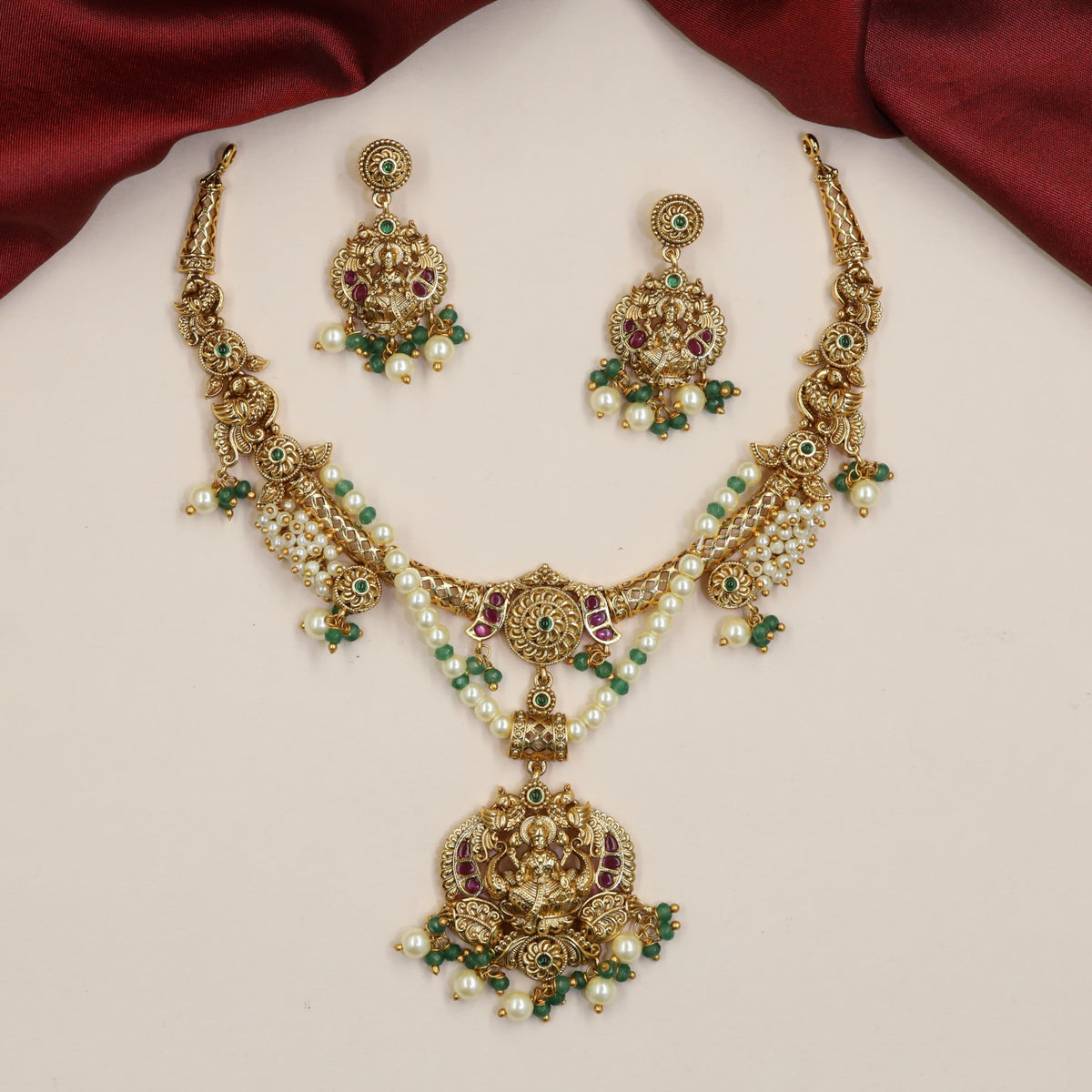 Temple Inspired Antique Lakshmi Necklace with Double Pearl Strands