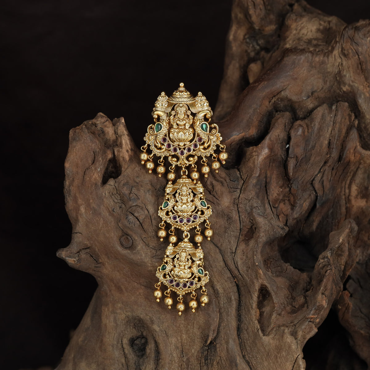 Antique Lakshmi Jade Bille with Triple Deity Panels & Temple Detailing