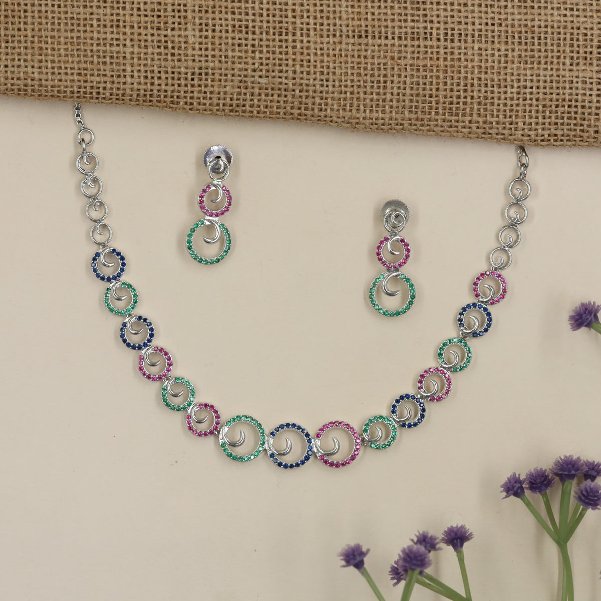 Rhodium Necklace Set with Circular & Spiral Links
