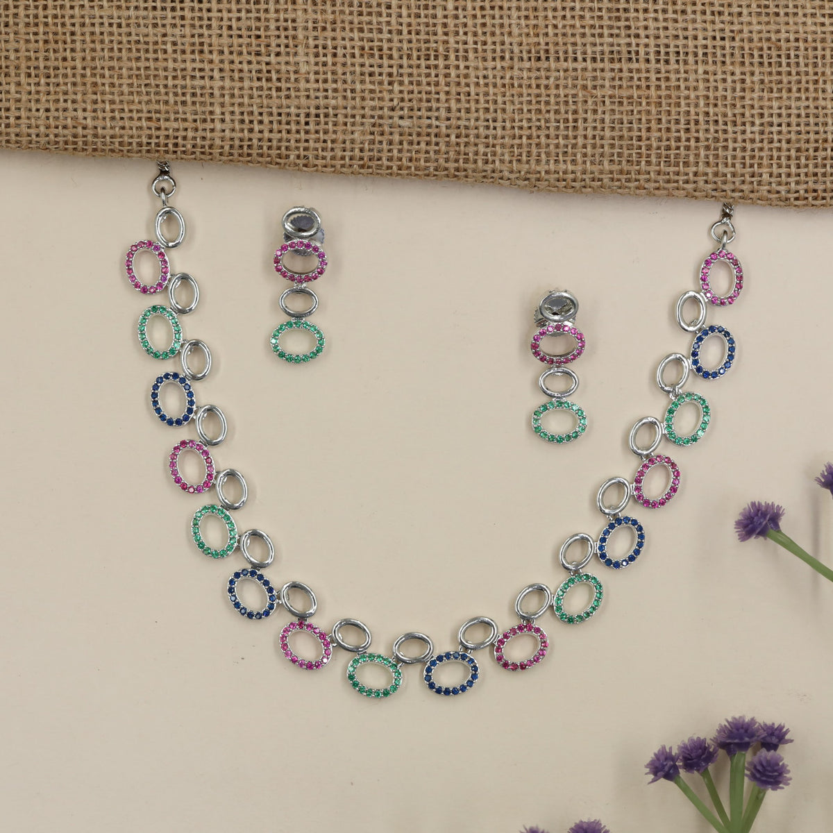 Rhodium Necklace Set with Oval & Circular Links