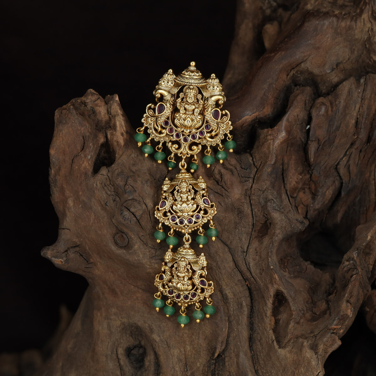 Antique Lakshmi Jade Bille with Triple Deity Panels & Temple Detailing