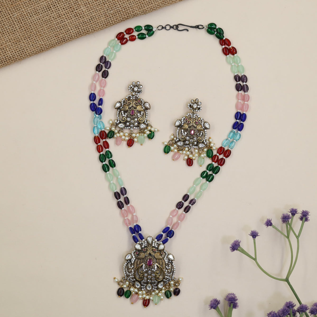 Victorian Beads Long Haara with Ornate Pendant