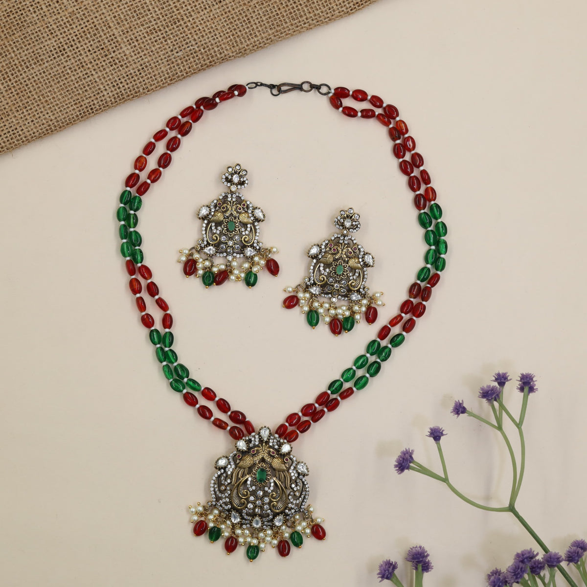 Victorian Beads Long Haara with Ornate Pendant