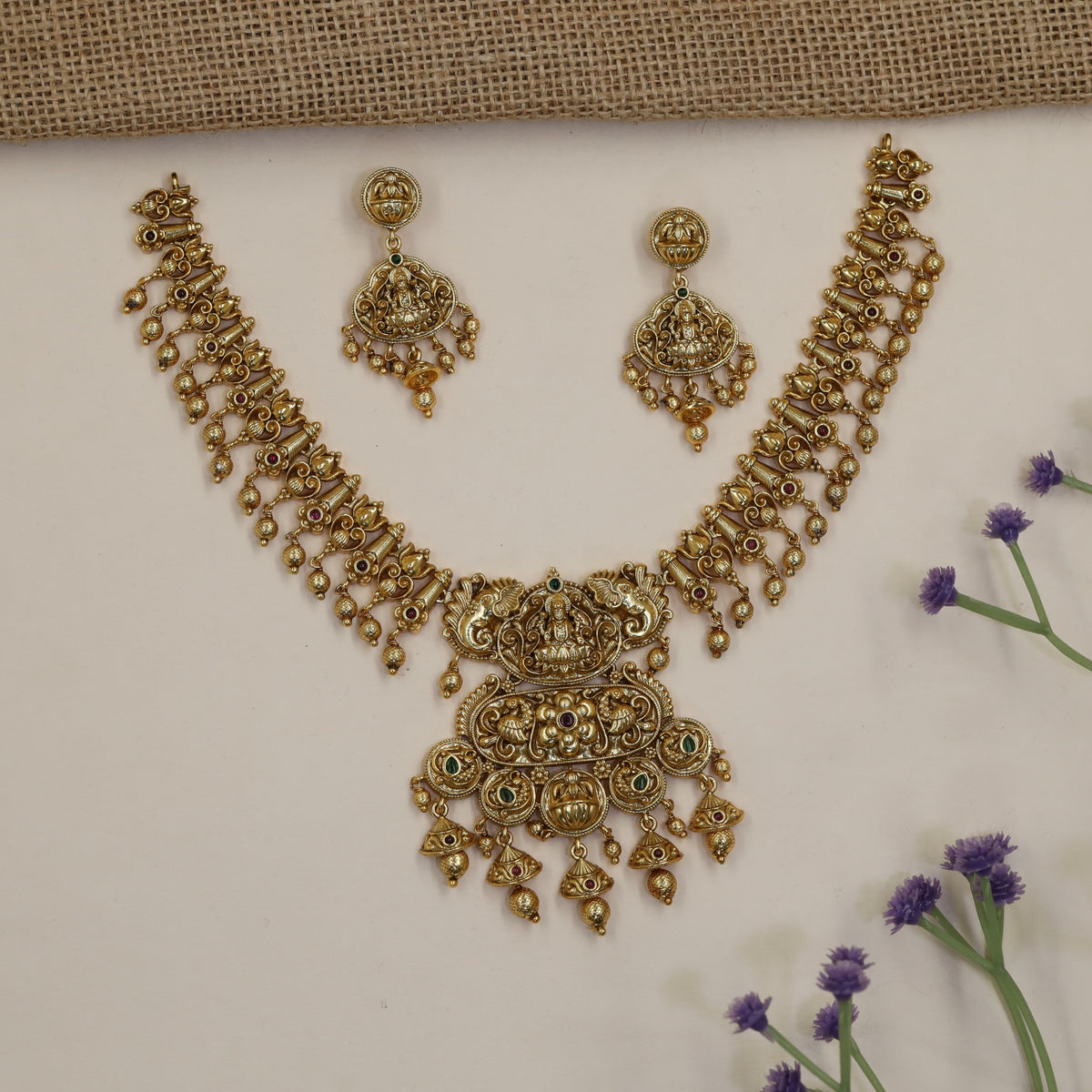Antique Lakshmi Necklace Set with Curved Links & Drop Fringe