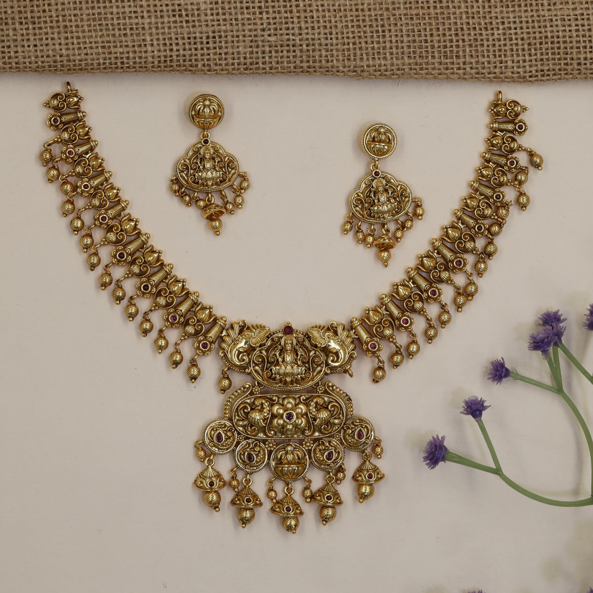 Antique Lakshmi Necklace Set with Curved Links & Drop Fringe