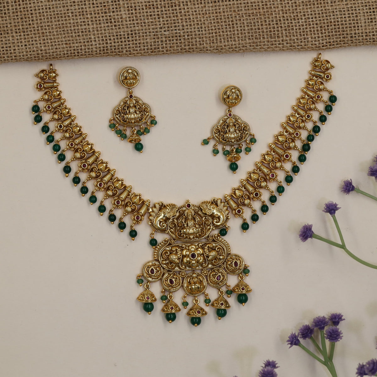 Antique Lakshmi Necklace Set with Curved Links & Drop Fringe