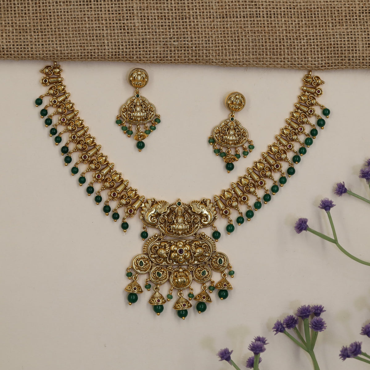 Antique Lakshmi Necklace Set with Curved Links & Drop Fringe