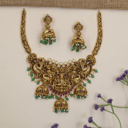 Antique Lakshmi Necklace with Jhumka Drops