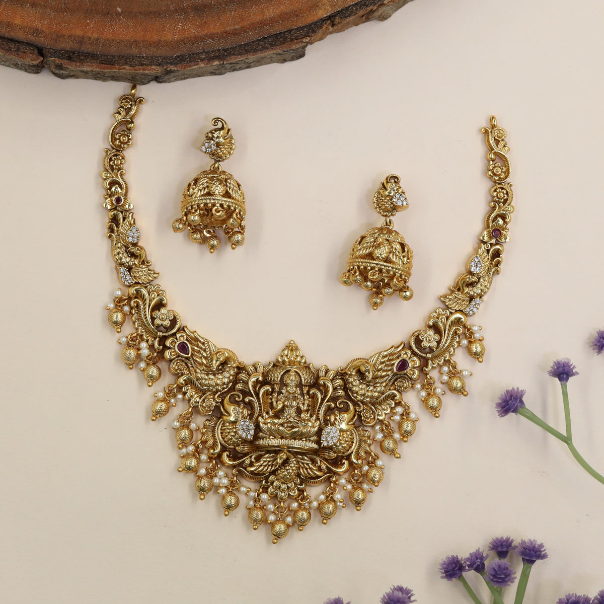 Antique Lakshmi Necklace & Jhumkas with Peacock Motifs