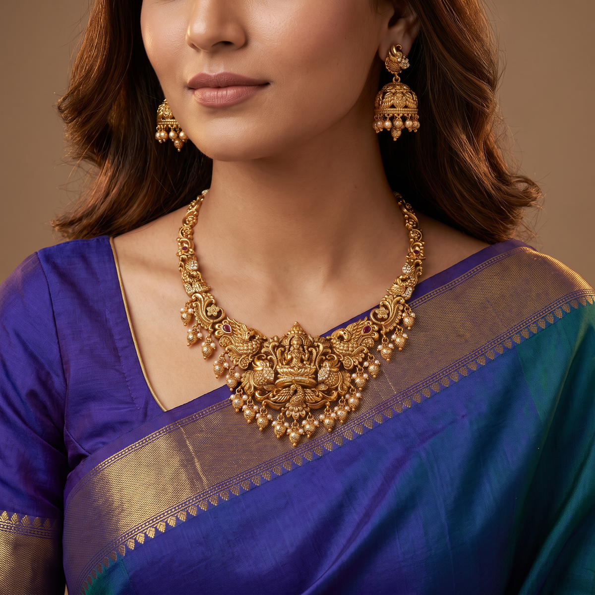 Antique Lakshmi Necklace & Jhumkas with Peacock Motifs