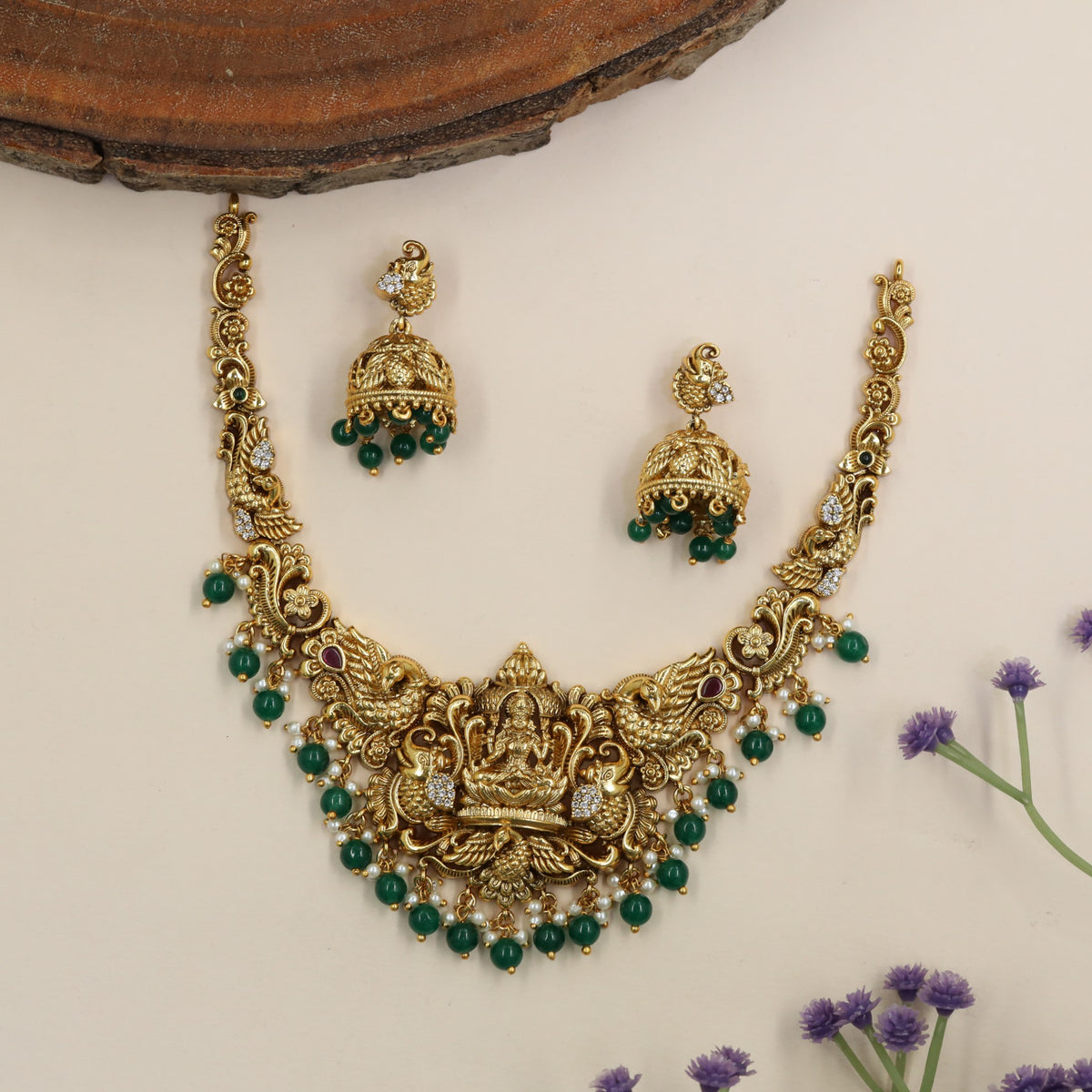 Antique Lakshmi Necklace & Jhumkas with Peacock Motifs