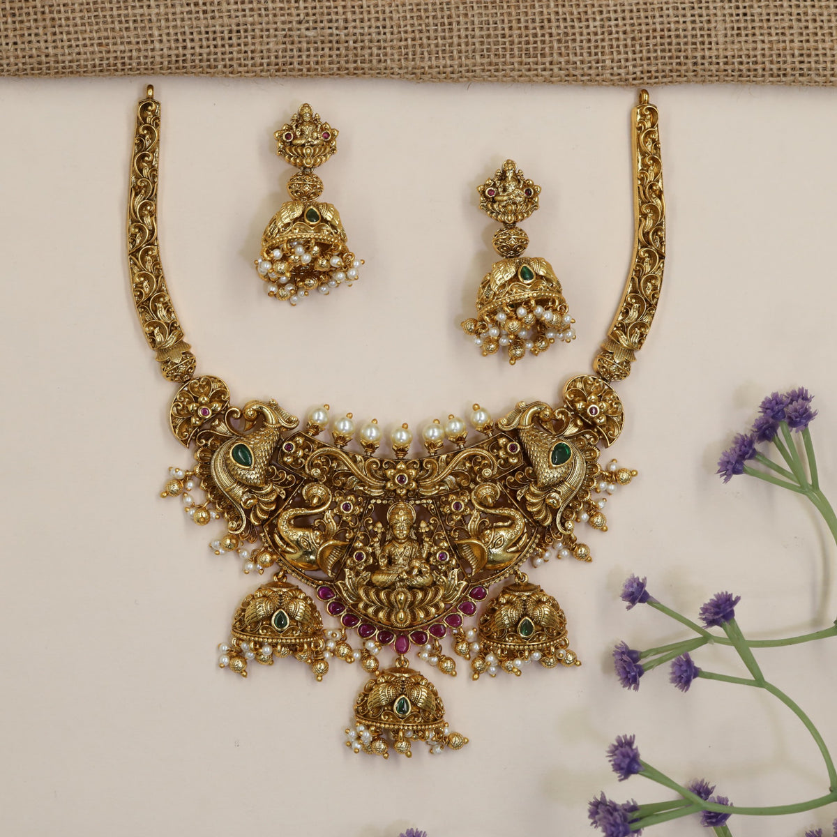 Antique Lakshmi Necklace with Jhumka Drops