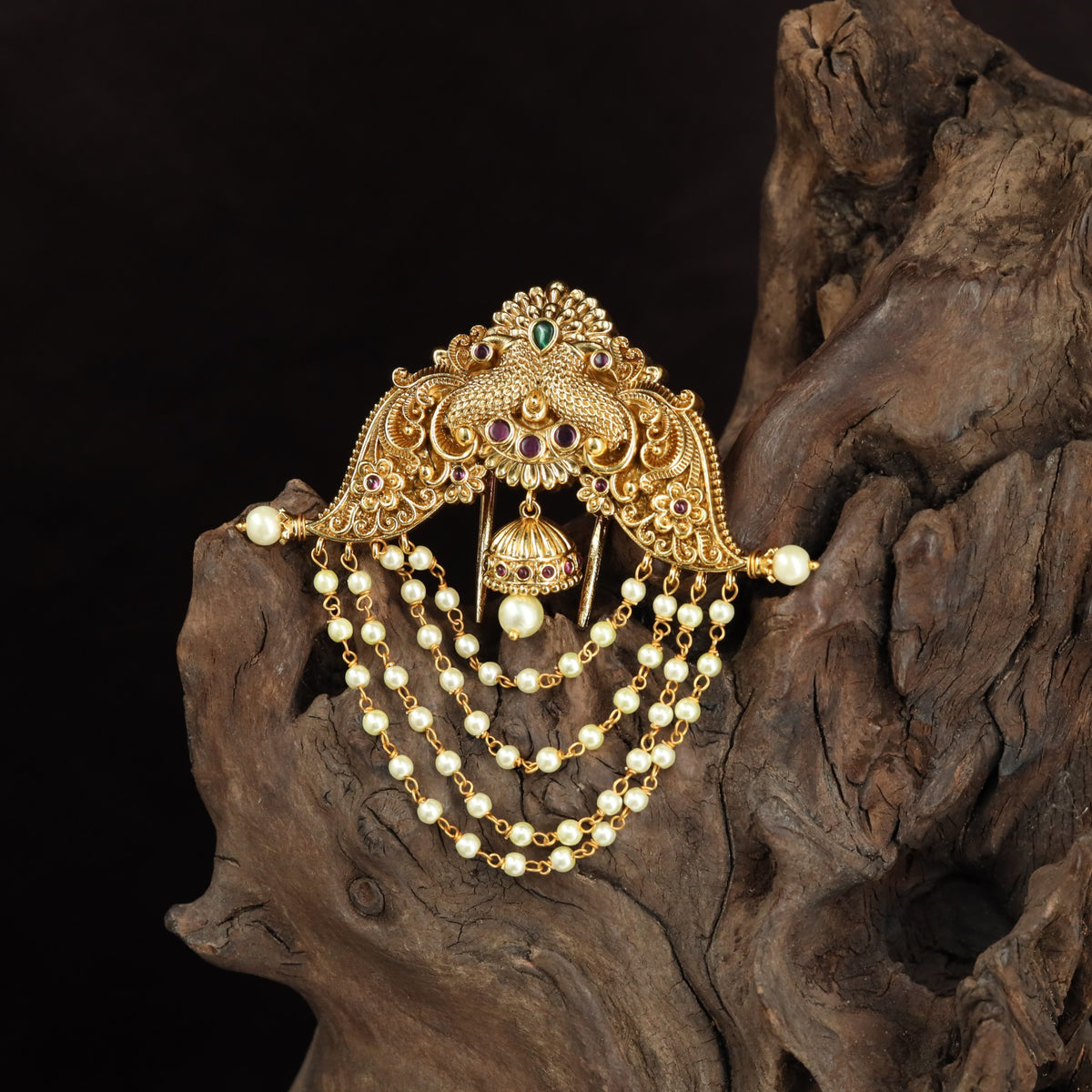 Antique Jade Bille with Peacock Motifs & Pearl Strands