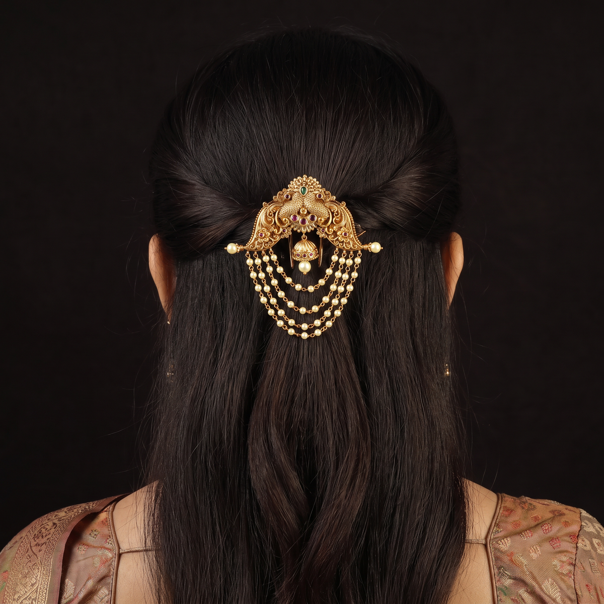 Antique Jade Bille with Peacock Motifs & Pearl Strands