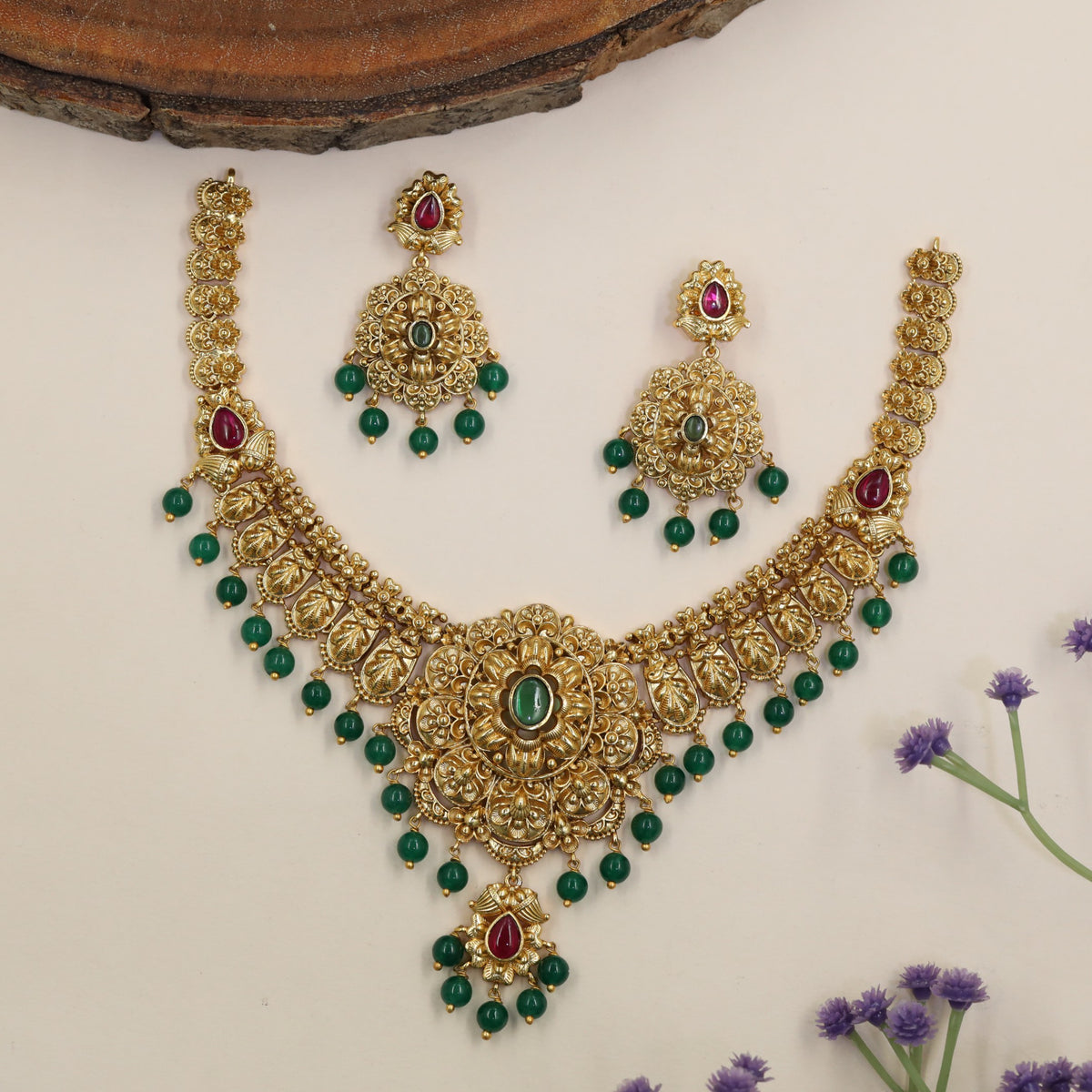 Antique Floral Necklace & Earrings with Leaf Motifs