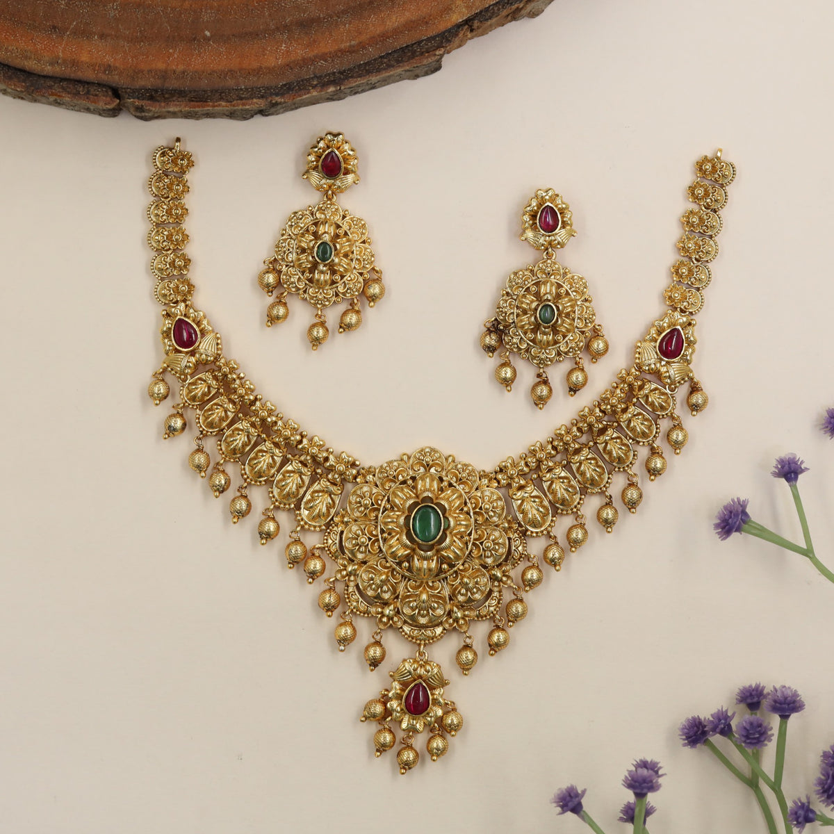 Antique Floral Necklace & Earrings with Leaf Motifs