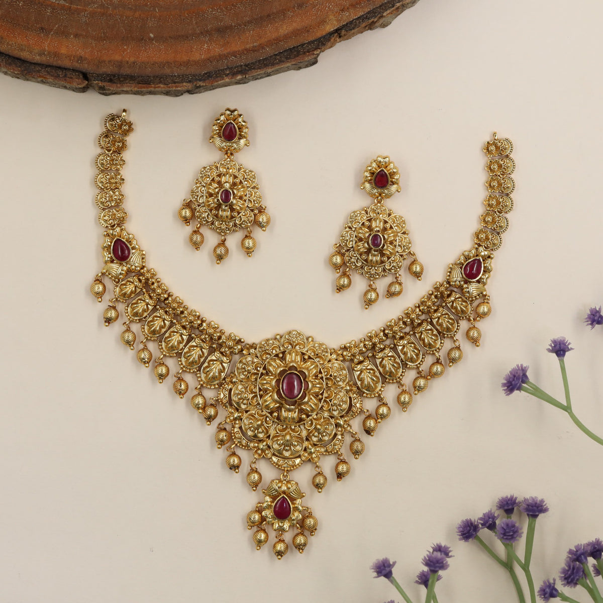 Antique Floral Necklace & Earrings with Leaf Motifs