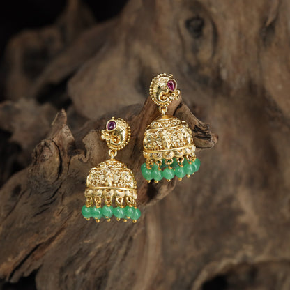 Antique Ganesha Jumka with Green Bead Fringe