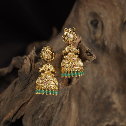 Antique Peacock Jumka with Bead Fringe
