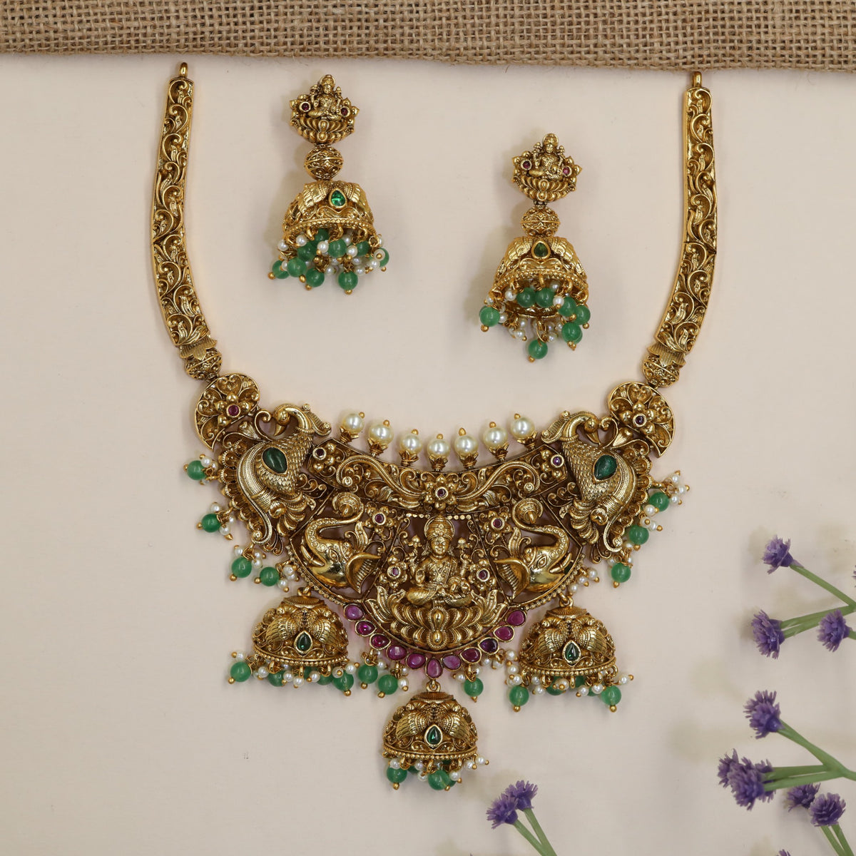 Antique Lakshmi Necklace with Jhumka Drops