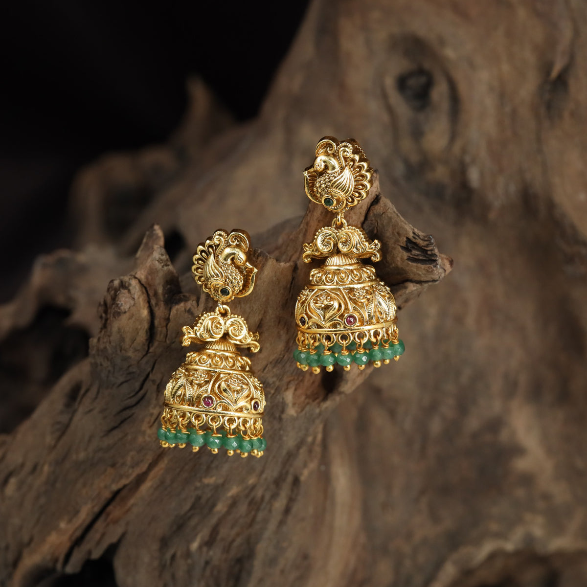 Antique Peacock Jumka with Bead Fringe