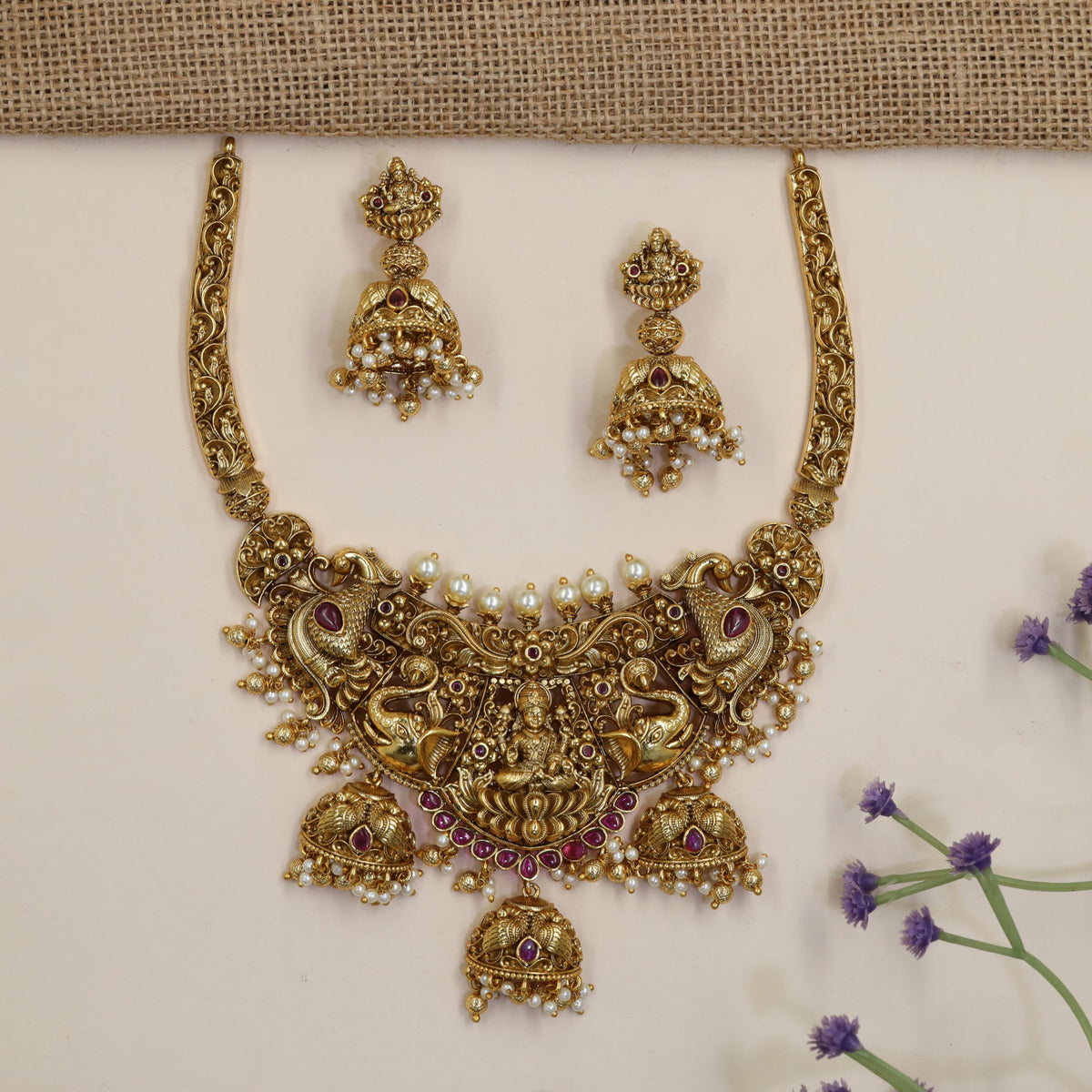 Antique Lakshmi Necklace with Jhumka Drops