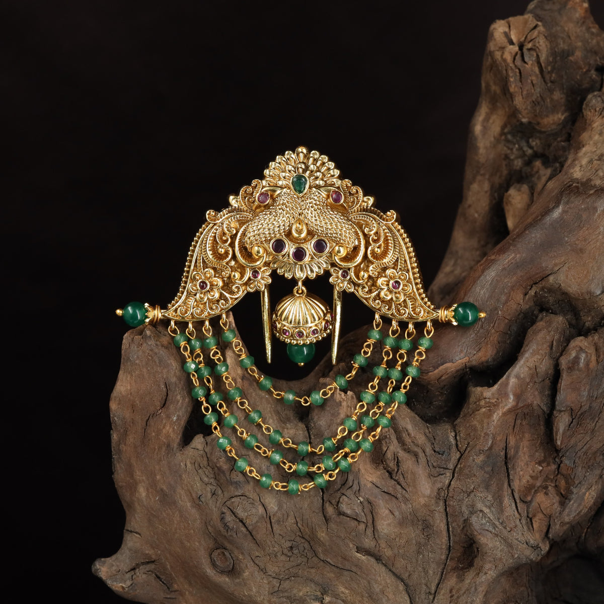 Antique Jade Bille with Peacock Motifs & Pearl Strands