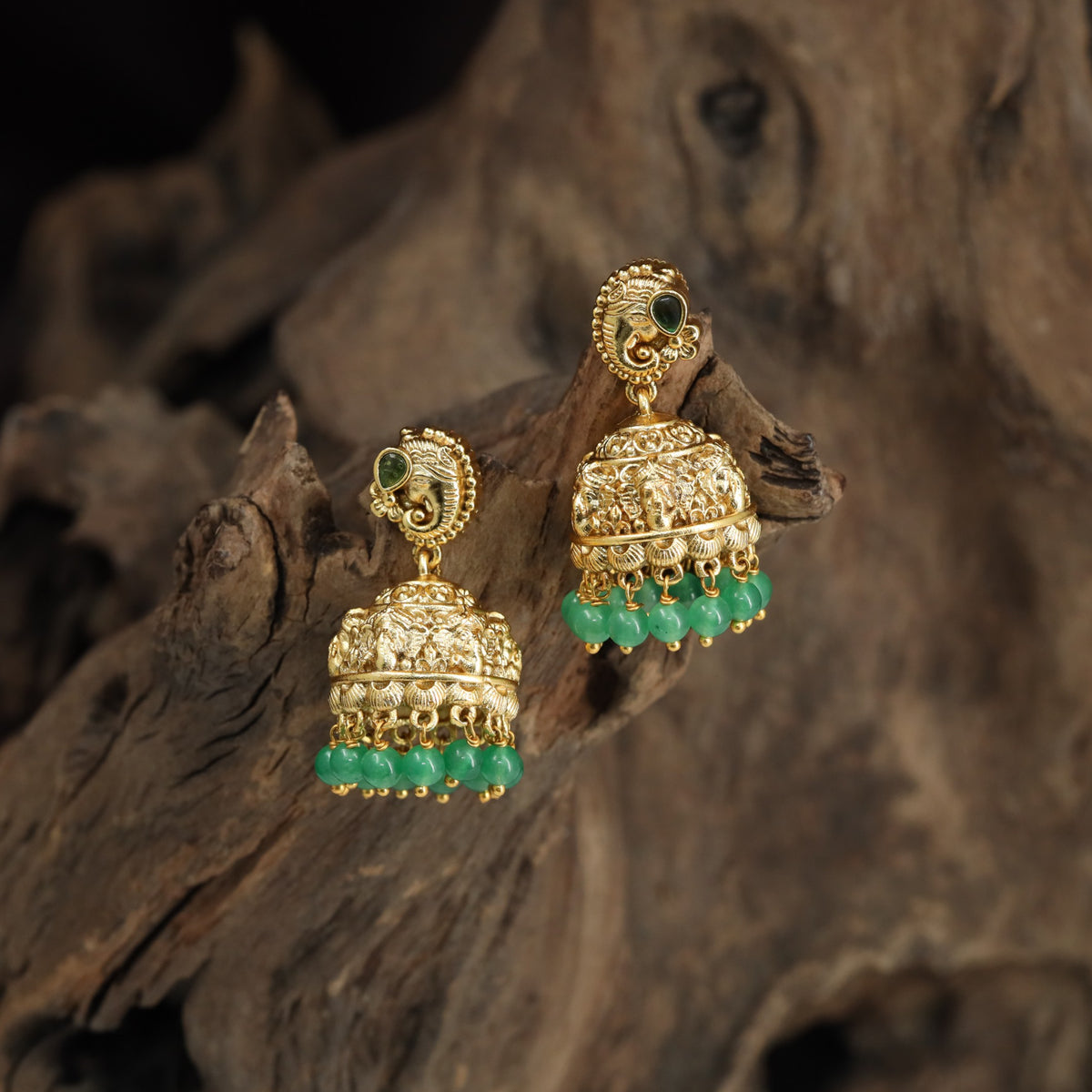 Antique Ganesha Jumka with Green Bead Fringe