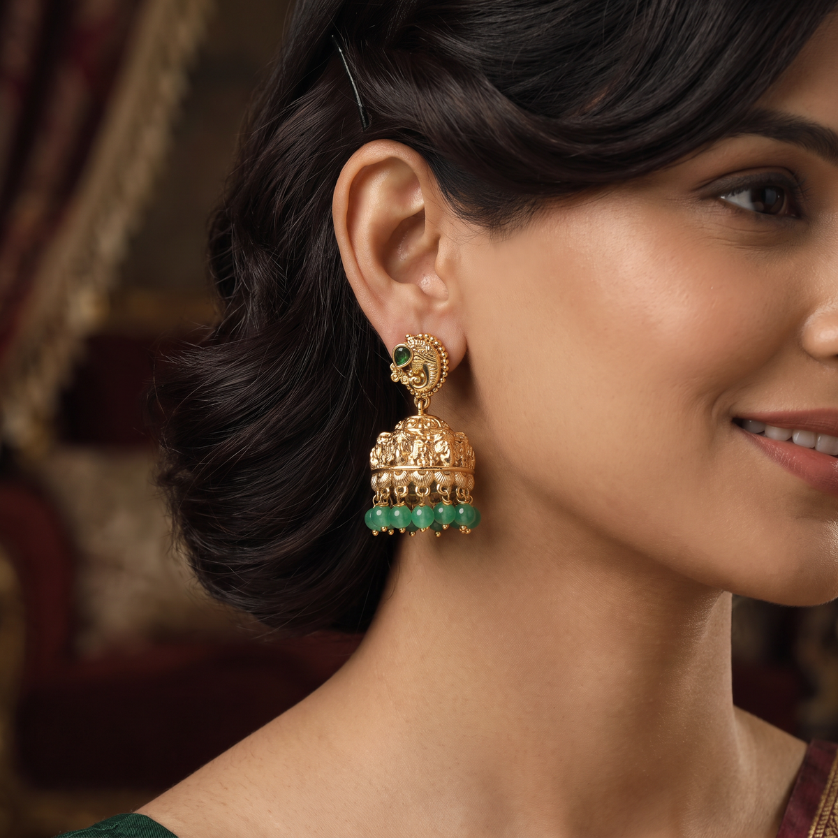 Antique Ganesha Jumka with Green Bead Fringe