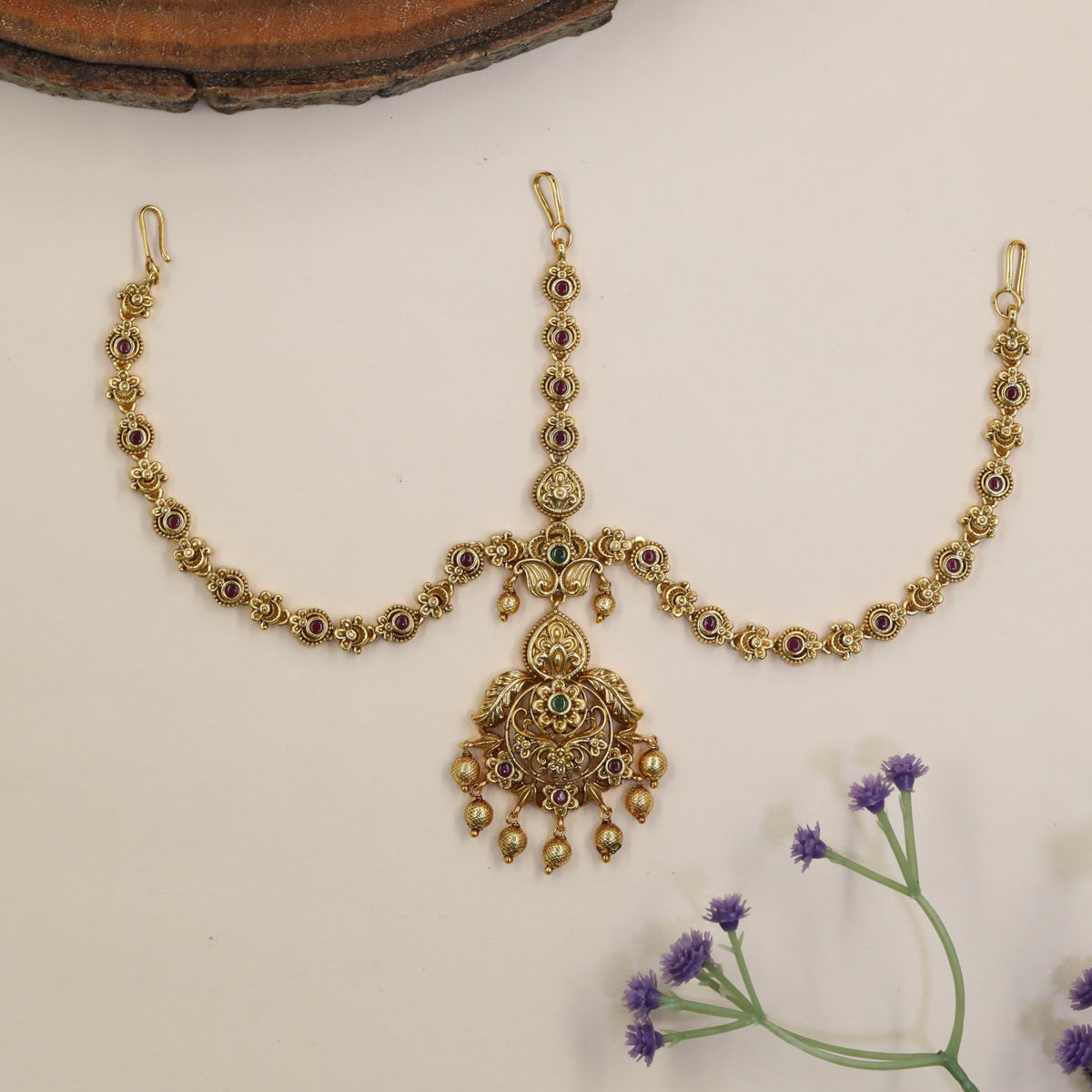 Antique Floral Headset with Hanging Drops