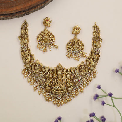Antique Lakshmi Necklace  & Earrings with Peacock Motifs