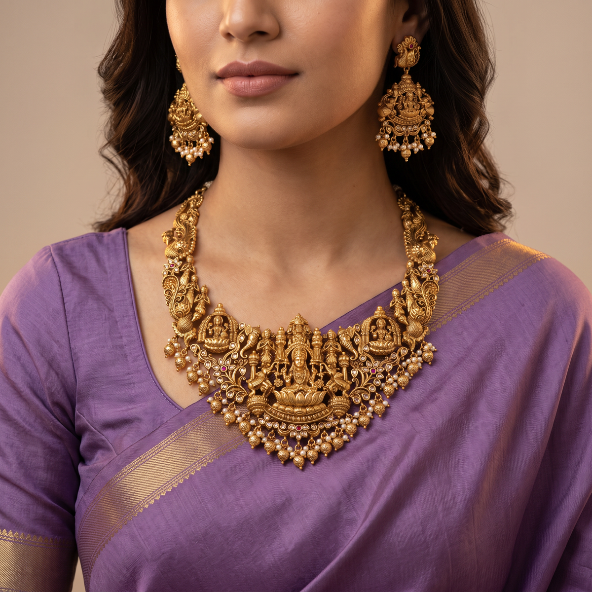 Antique Lakshmi Necklace  & Earrings with Peacock Motifs