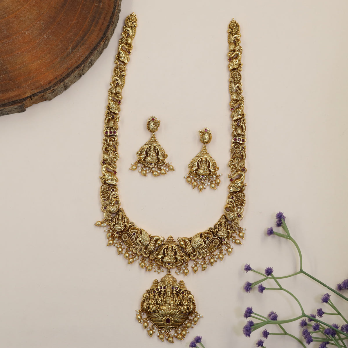 Antique Lakshmi Long Haara & Earrings with Temple Motifs