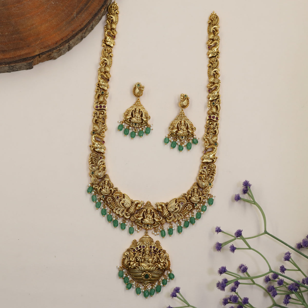 Antique Lakshmi Long Haara & Earrings with Temple Motifs