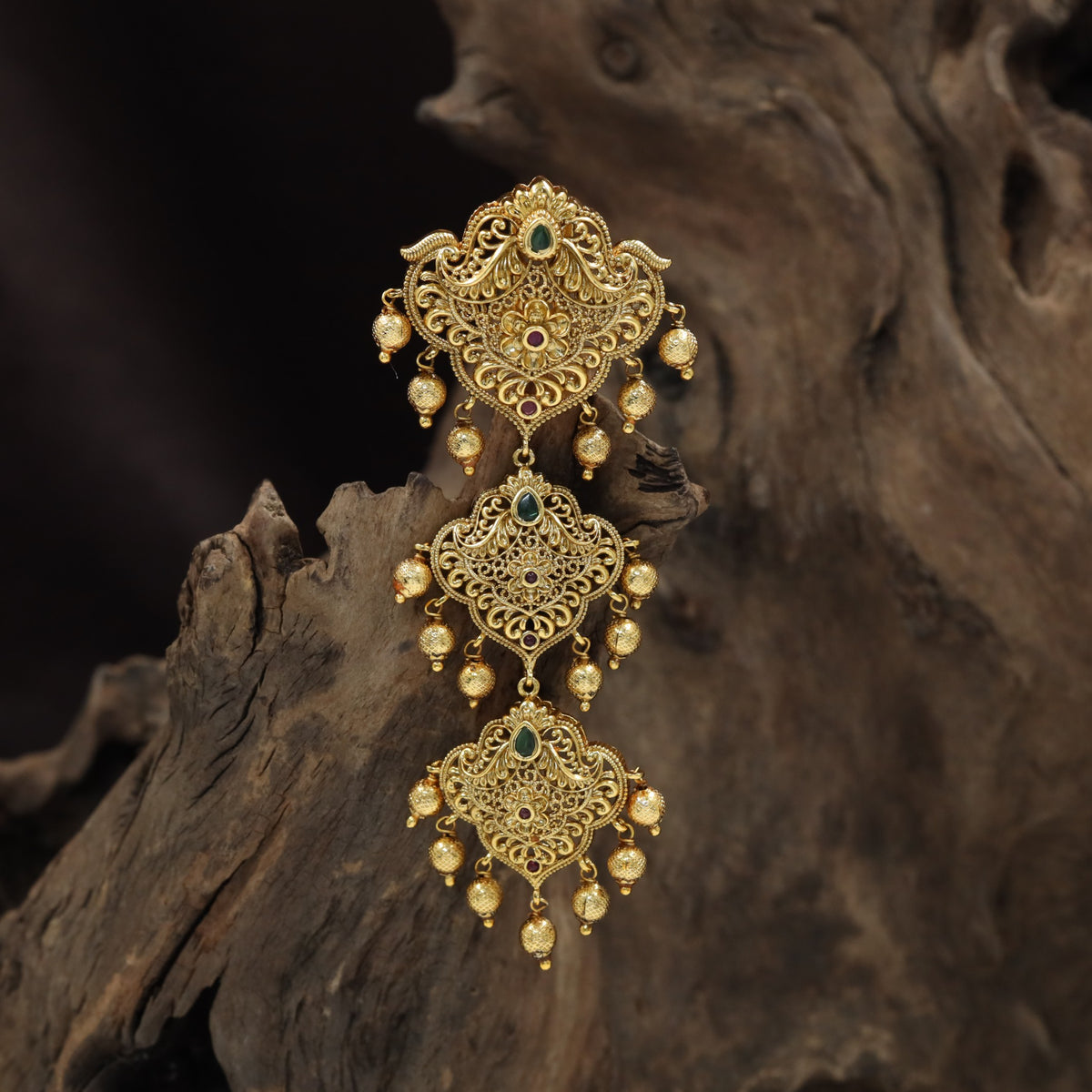 Antique Jade Bille with Floral Panels & Bead Drops