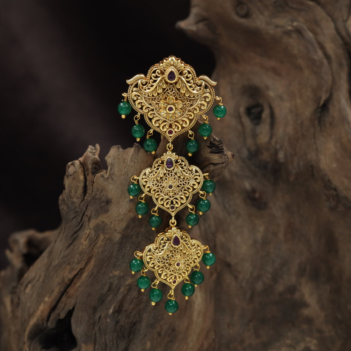 Antique Jade Bille with Floral Panels & Bead Drops