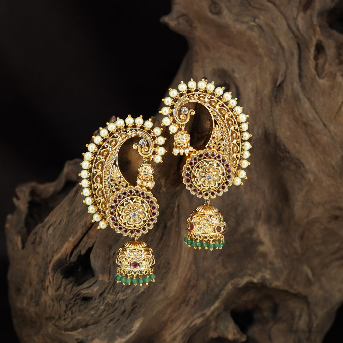 Antique Cuff Jhumka with Floral Motifs & Pearls