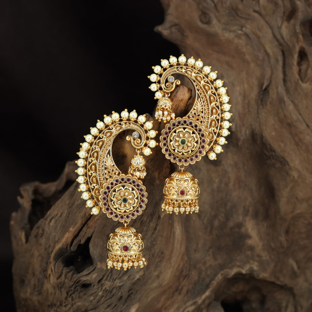 Antique Cuff Jhumka with Floral Motifs & Pearls