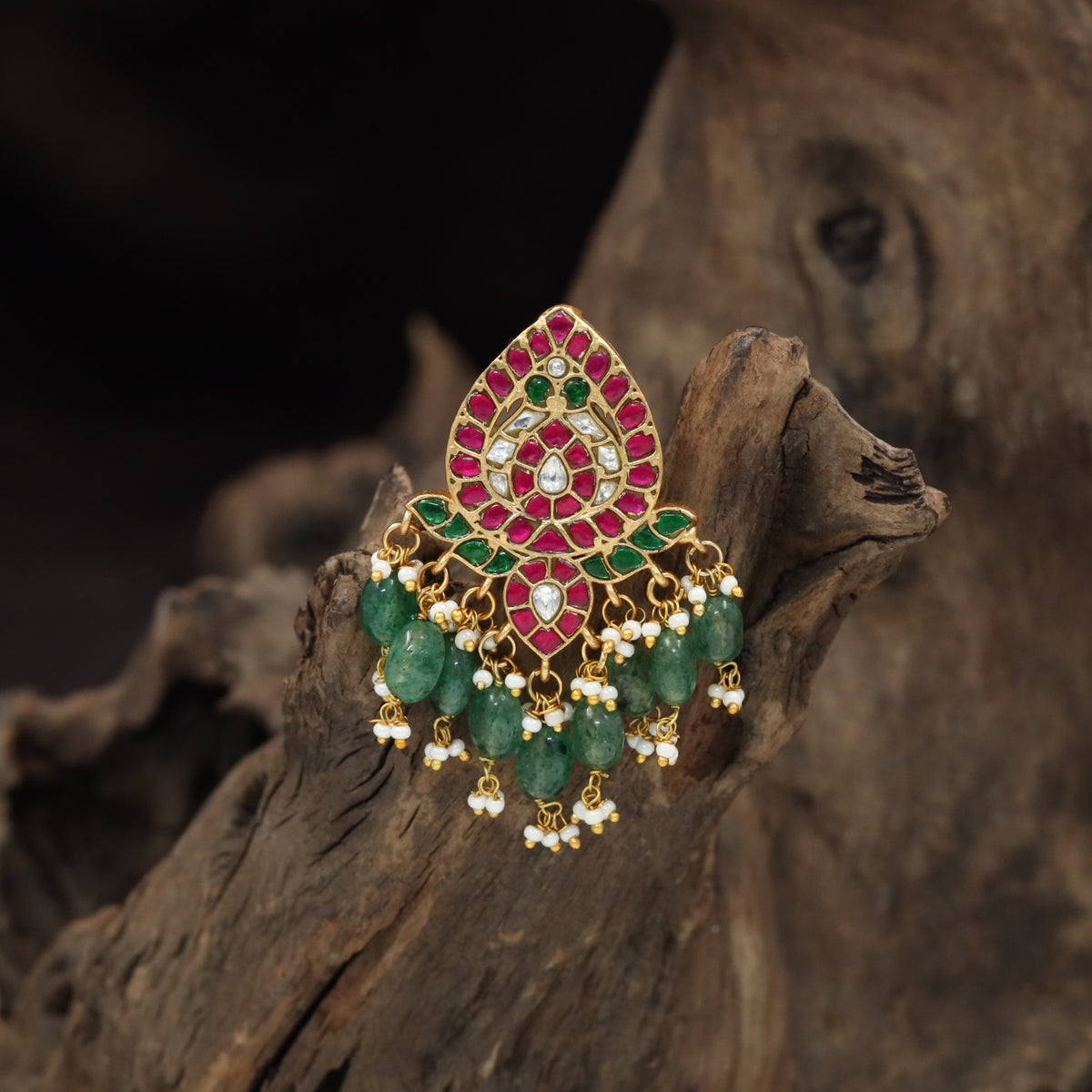 Premium Jadau Pendant With Ornate Teardrop Form And Cascading Traditional Ornamentation