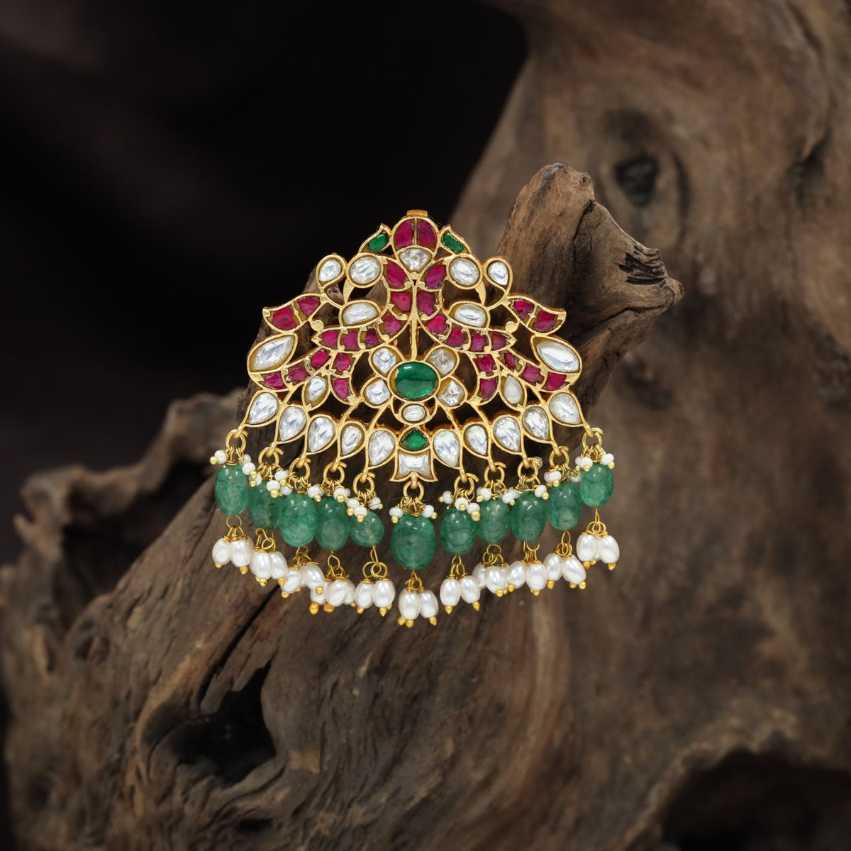 Premium Jadau Peacock Pendant With Symmetrical Floral Sections And Decorative Fringe